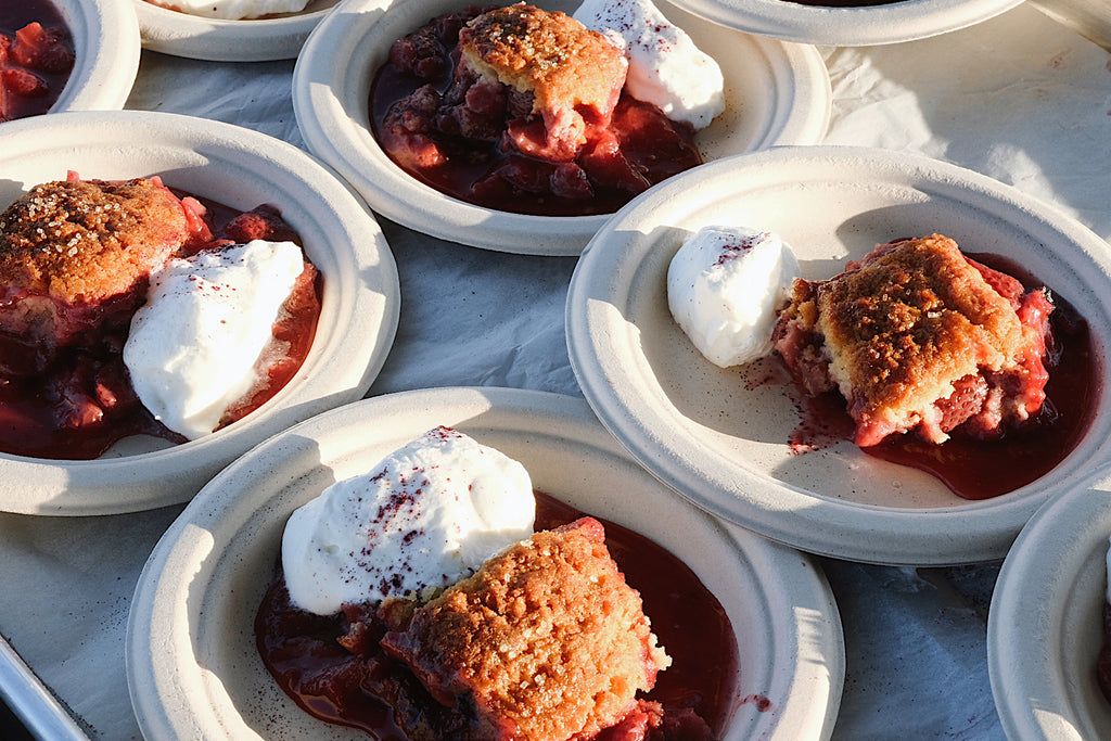 STRAWBERRY COBBLER WITH BLACK PEPPER-CORNMEAL BISCUIT